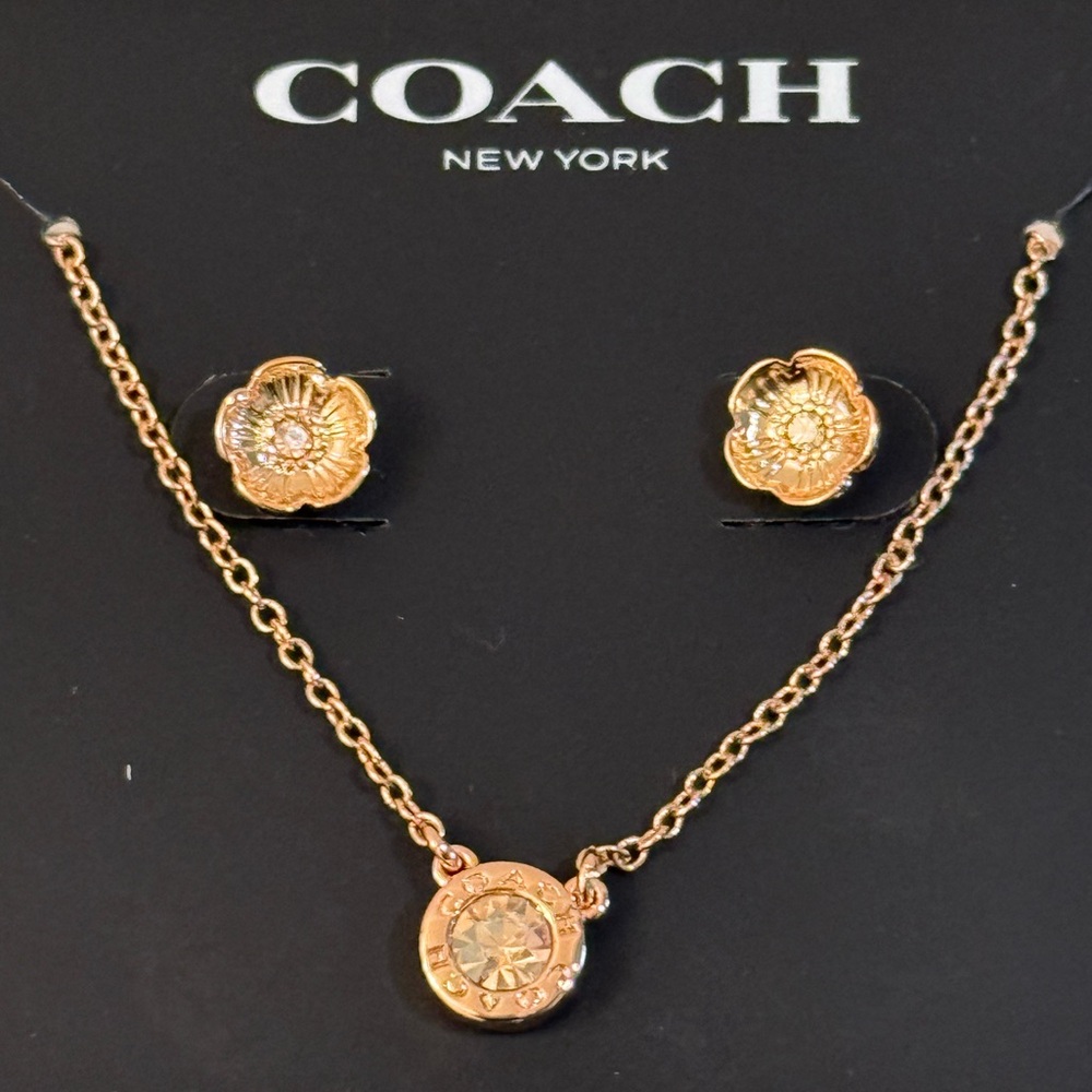 COACH Rose Gold Tea Rose Crystal Necklace & Earring Set NWT - Picture 2 of 4